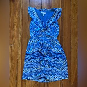 BCBGeneration satin, faux wrap mini with loose ruffles at sleeves and neckline